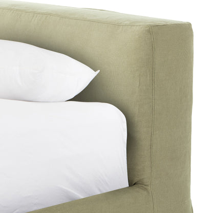 Aidan Slipcover Bed by Four Hands in brussels pine. Made from 100% flax, linen, iron, 100% polyester in a modern style.