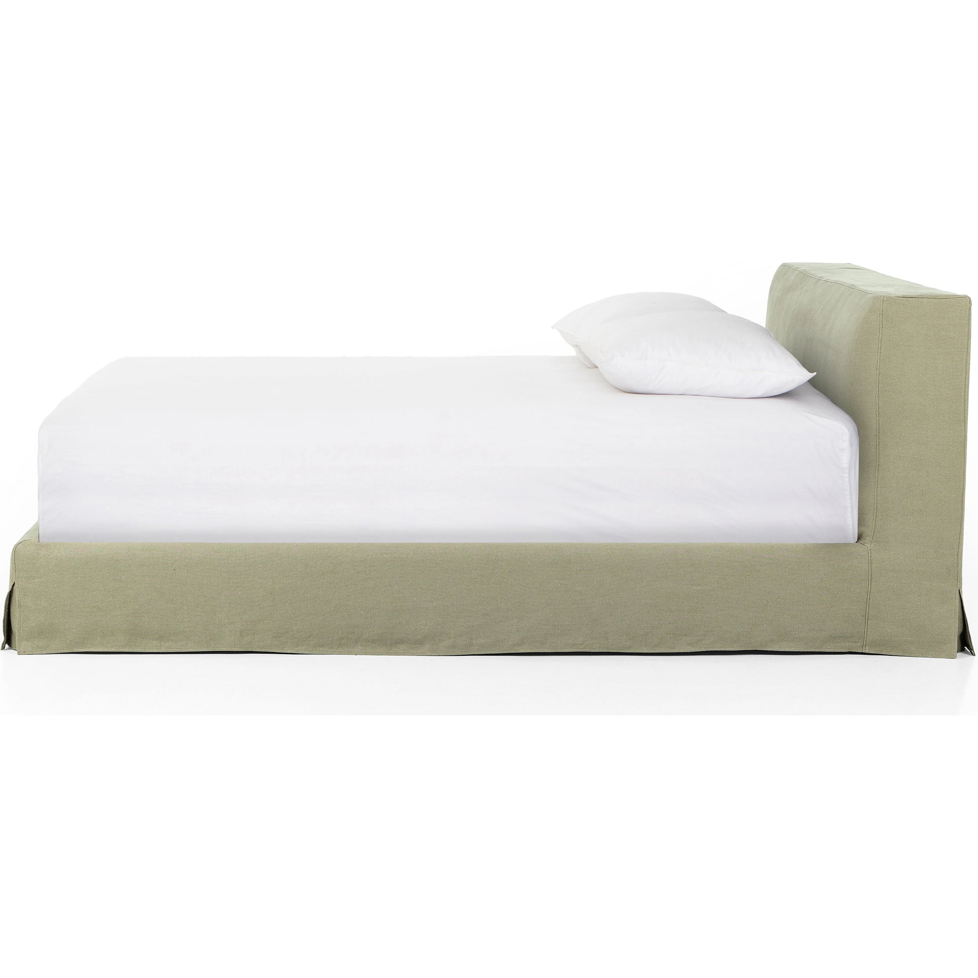 Aidan Slipcover Bed by Four Hands in brussels pine. Made from 100% flax, linen, iron, 100% polyester in a modern style.