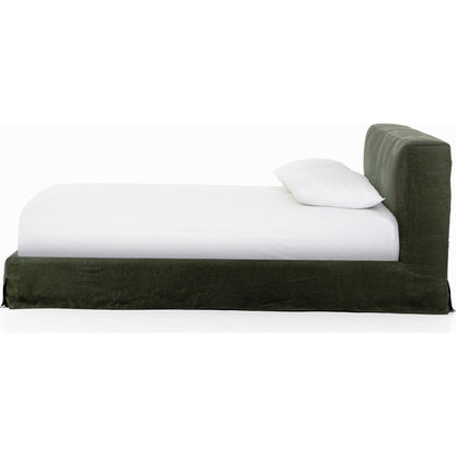 Aidan Slipcover Bed by Four Hands in brussels pine. Made from 100% flax, linen, iron, 100% polyester in a modern style.