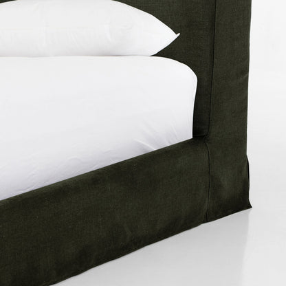 Aidan Slipcover Bed by Four Hands in brussels pine. Made from 100% flax, linen, iron, 100% polyester in a modern style.