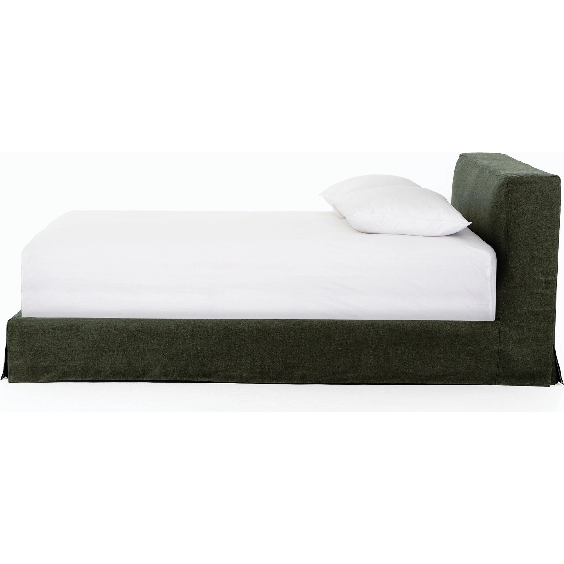 Aidan Slipcover Bed by Four Hands in brussels pine. Made from 100% flax, linen, iron, 100% polyester in a modern style.