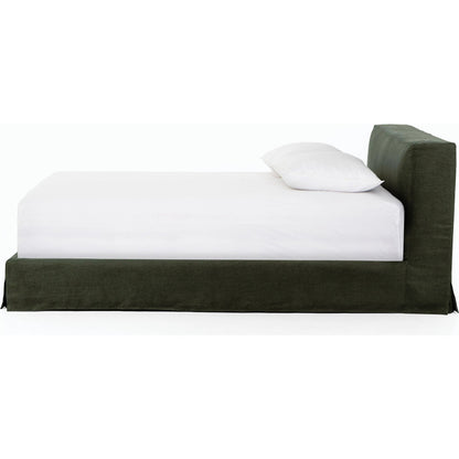 Aidan Slipcover Bed by Four Hands in brussels pine. Made from 100% flax, linen, iron, 100% polyester in a modern style.