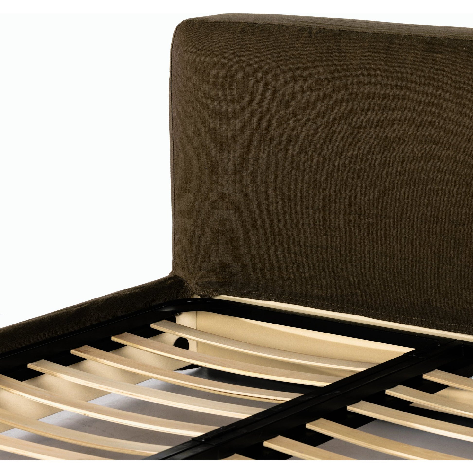 Aidan Slipcover Bed by Four Hands in brussels pine. Made from 100% flax, linen, iron, 100% polyester in a modern style.