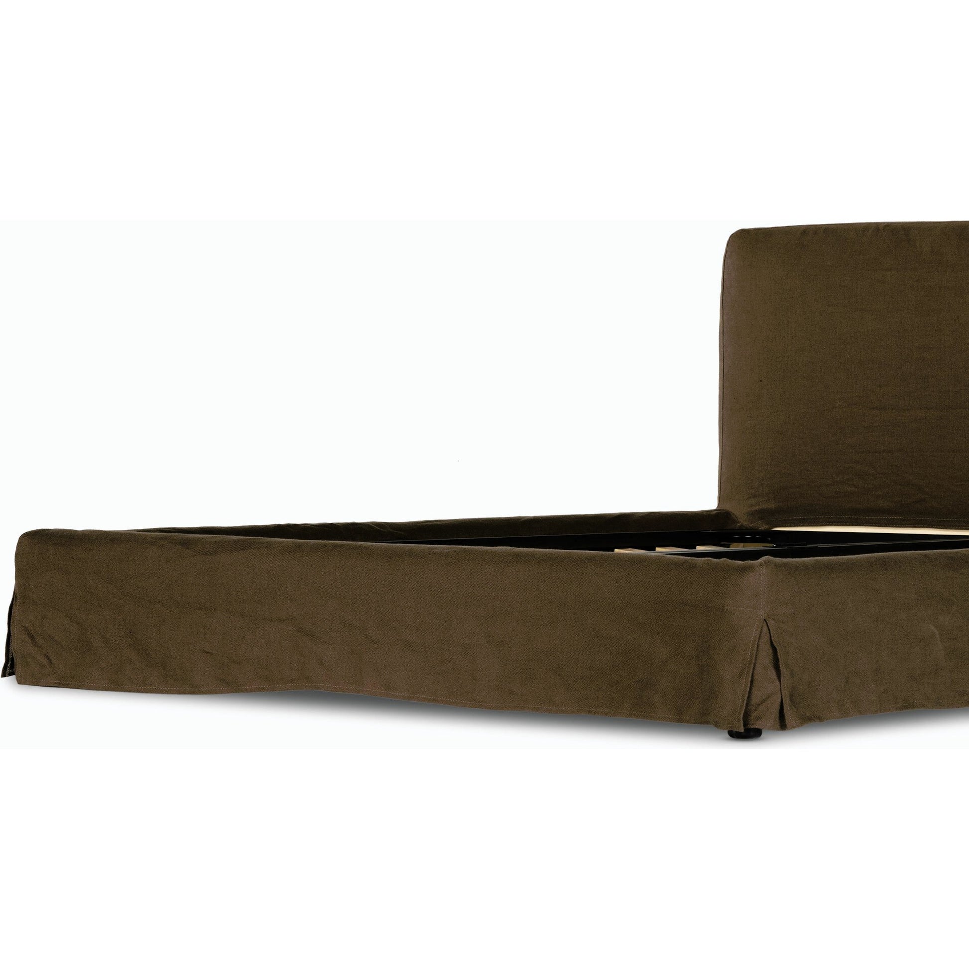 Aidan Slipcover Bed by Four Hands in brussels pine. Made from 100% flax, linen, iron, 100% polyester in a modern style.