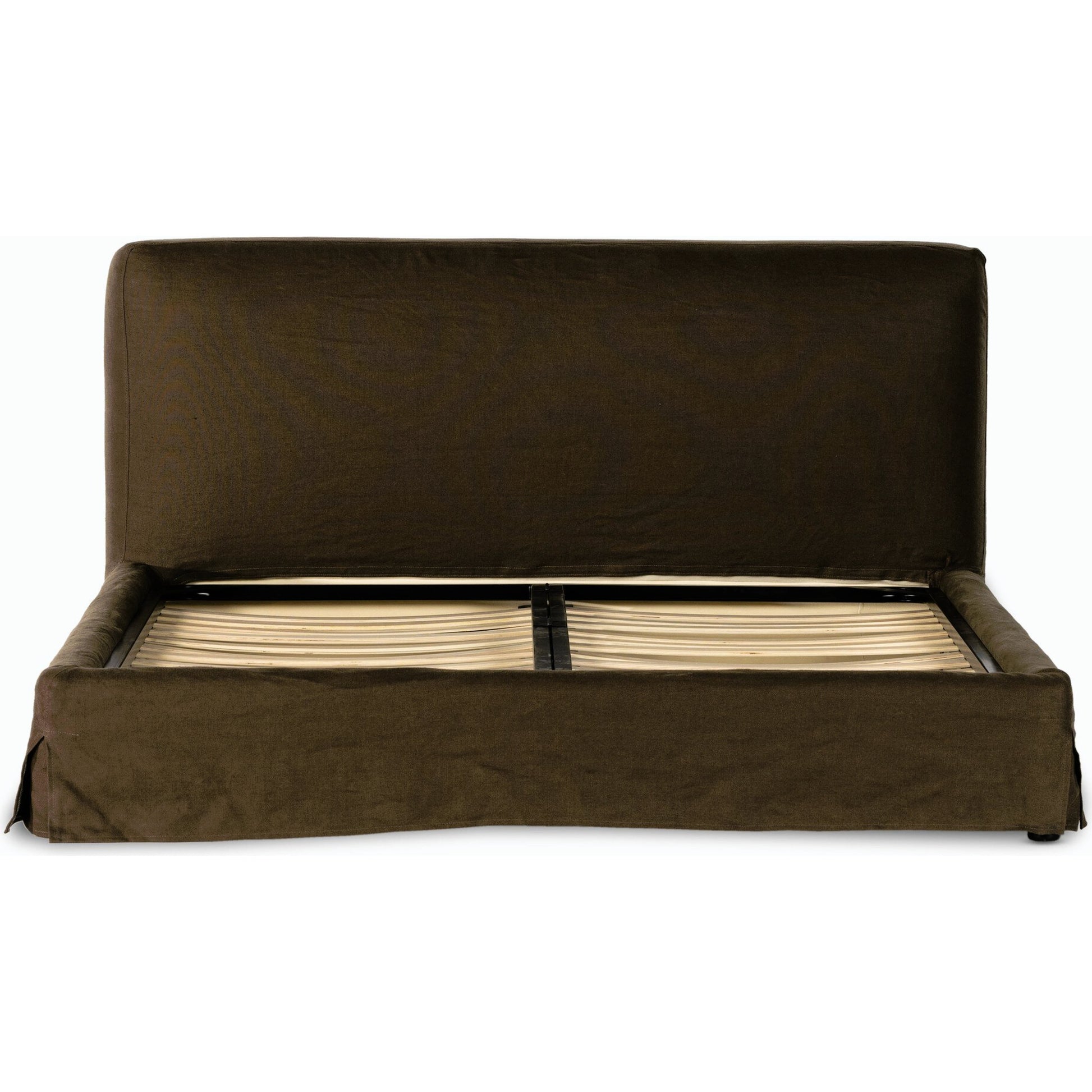 Aidan Slipcover Bed by Four Hands in brussels pine. Made from 100% flax, linen, iron, 100% polyester in a modern style.