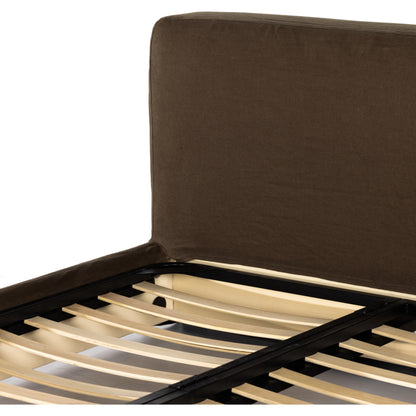 Aidan Slipcover Bed by Four Hands in brussels pine. Made from 100% flax, linen, iron, 100% polyester in a modern style.