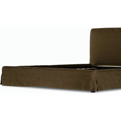 Aidan Slipcover Bed by Four Hands in brussels pine. Made from 100% flax, linen, iron, 100% polyester in a modern style.