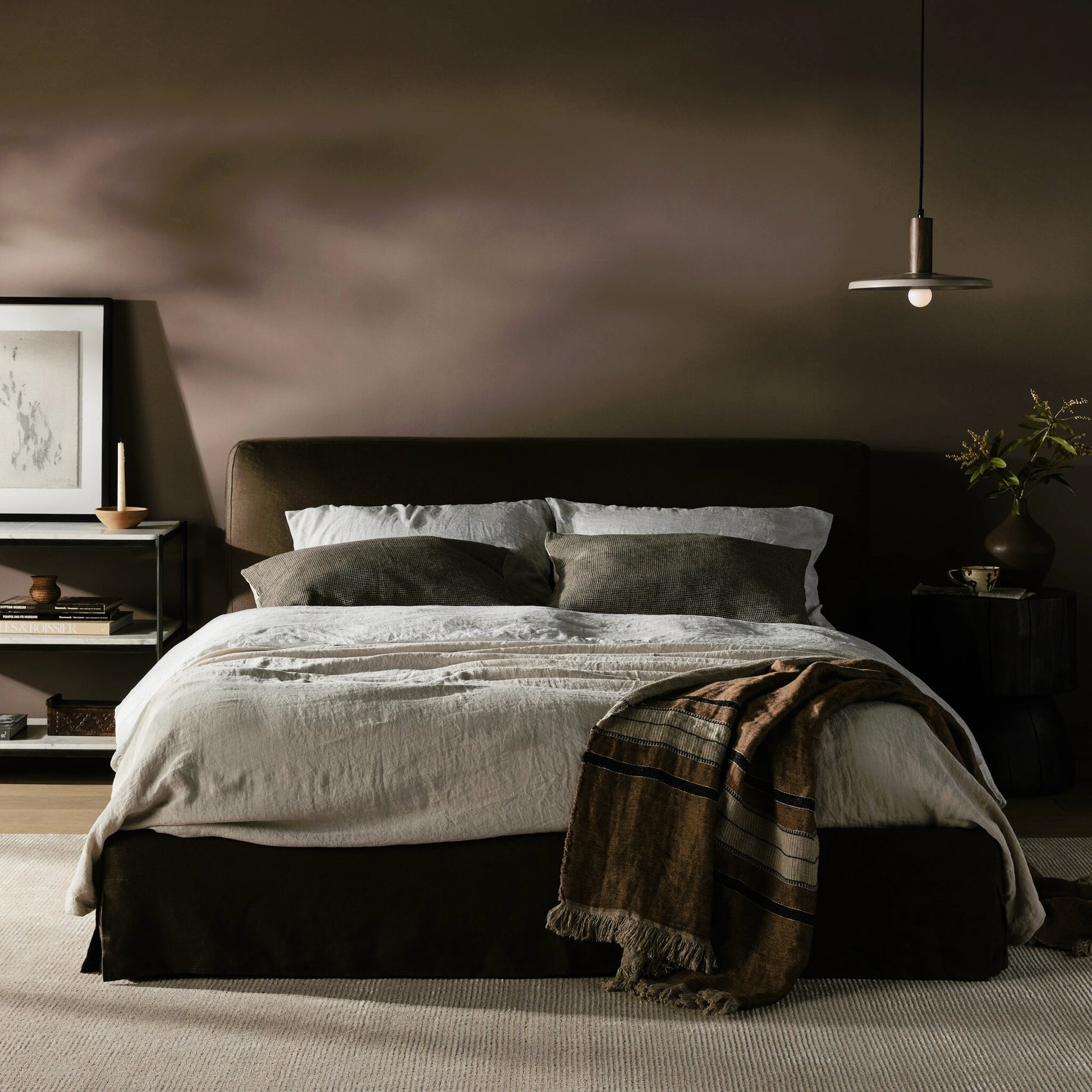 Aidan Slipcover Bed by Four Hands in brussels pine. Made from 100% flax, linen, iron, 100% polyester in a modern style.