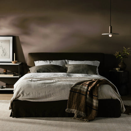 Aidan Slipcover Bed by Four Hands in brussels pine. Made from 100% flax, linen, iron, 100% polyester in a modern style.