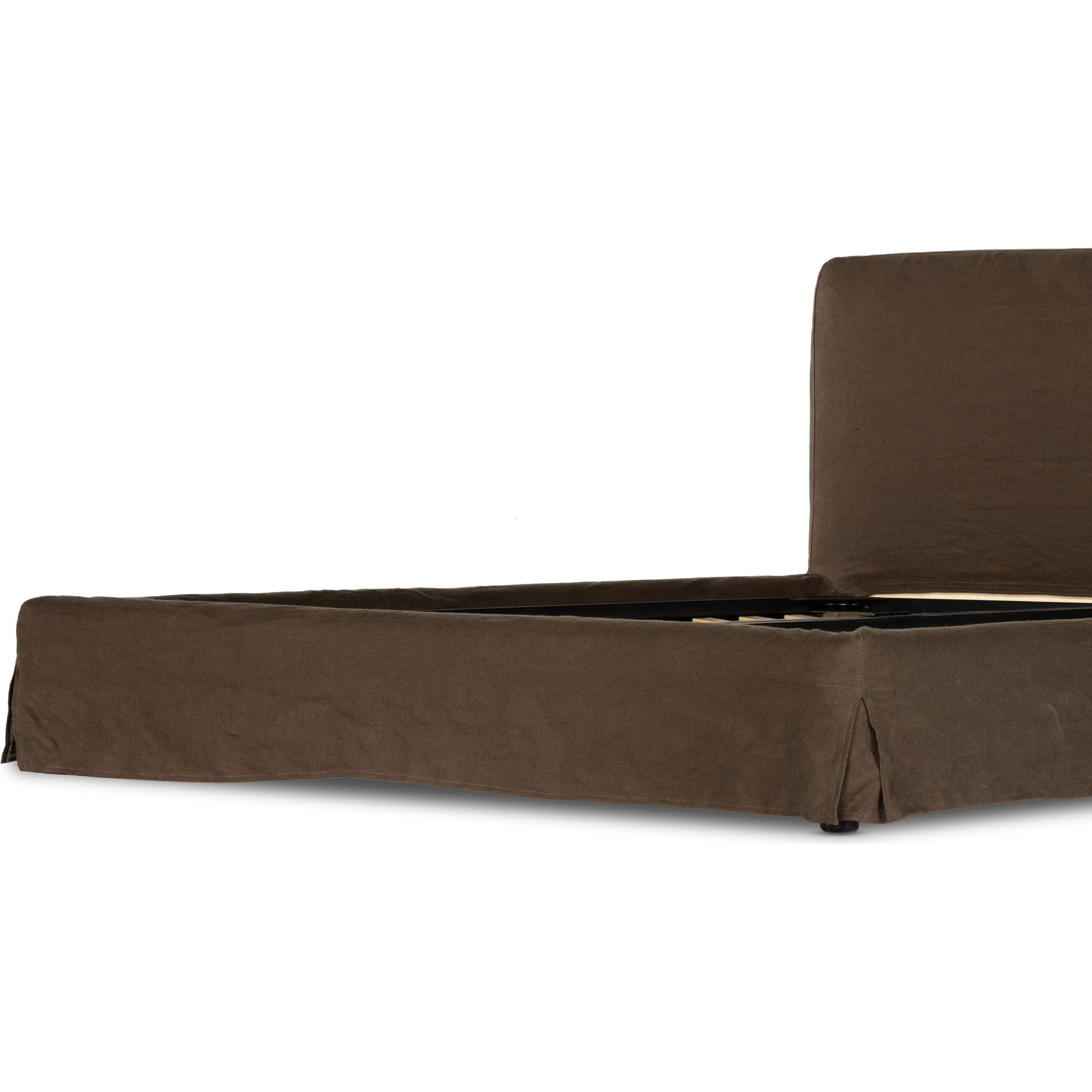 Aidan Slipcover Bed by Four Hands in brussels pine. Made from 100% flax, linen, iron, 100% polyester in a modern style.