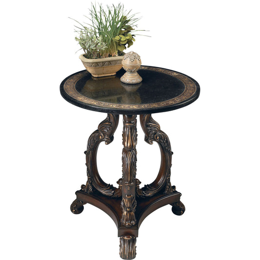 Bethany Accent Table by Butler Specialty Company in multi-color and heritage. Made from wood products, resin, black fossil stone, metal, brass in a traditional style.