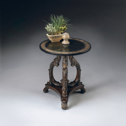 Bethany Accent Table by Butler Specialty Company in multi-color and heritage. Made from wood products, resin, black fossil stone, metal, brass in a traditional style.