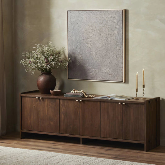 Etro Media Console by Four Hands in tawny pine, natural leather. Made from solid pine, top grain leather in a unique style.