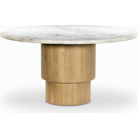 Mariah Round Dining Table 60" by Four Hands in white marble, light blonde oak and white marble. Made from solid marble, solid oak, engineered hardwood in a modern style.