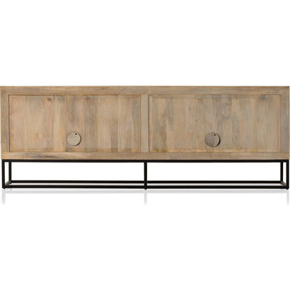 Kelby Closed Media Console by Four Hands in aged brass, carved vintage brown, vintage brown, gunmetal. Made from solid mango, iron in a modern style.