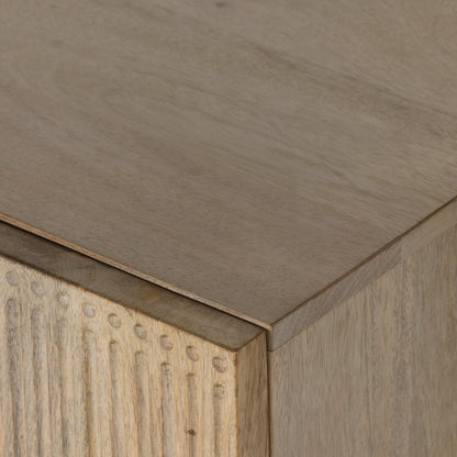 Kelby Closed Media Console by Four Hands in aged brass, carved vintage brown, vintage brown, gunmetal. Made from solid mango, iron in a modern style.