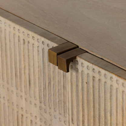 Kelby Closed Media Console by Four Hands in aged brass, carved vintage brown, vintage brown, gunmetal. Made from solid mango, iron in a modern style.