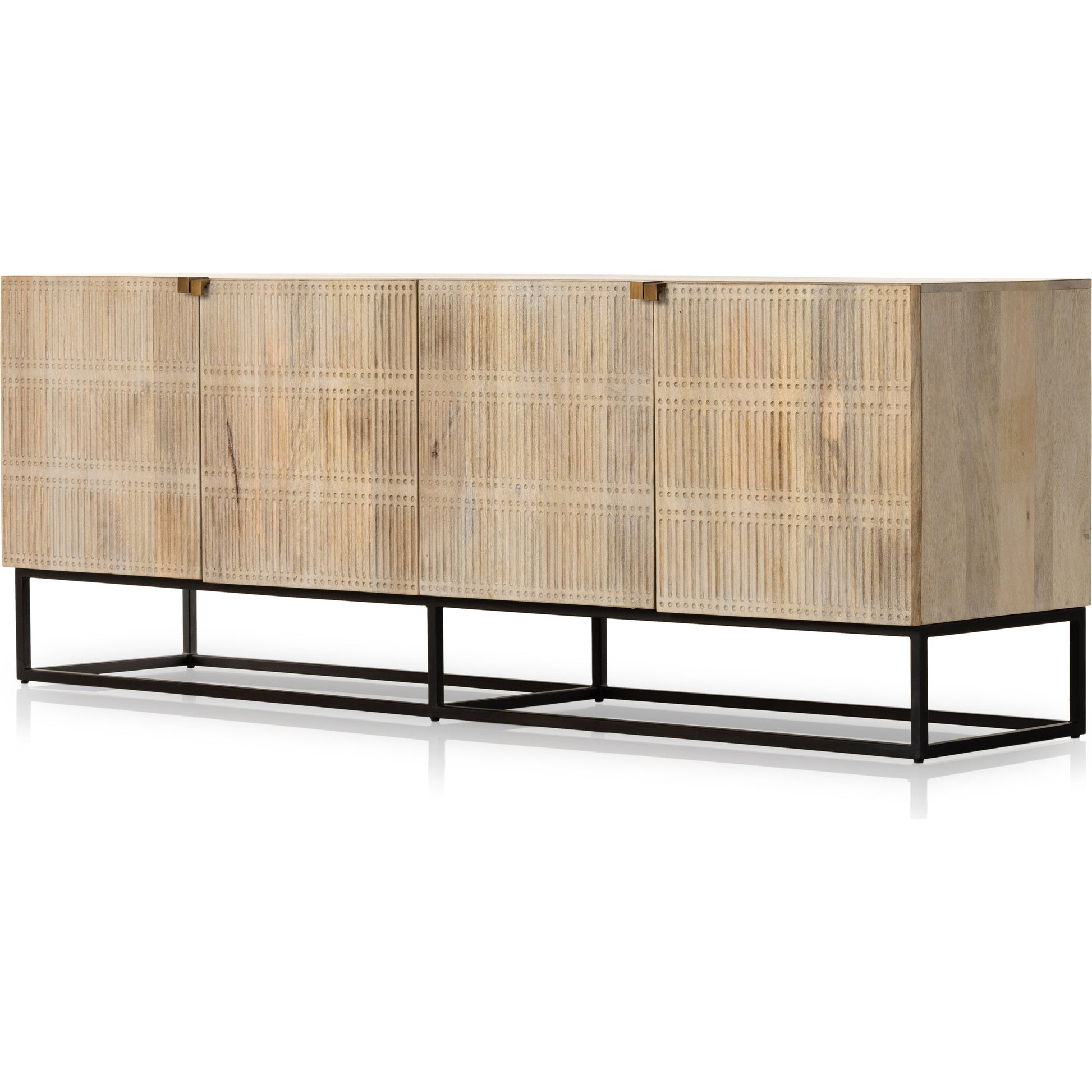 Kelby Closed Media Console by Four Hands in aged brass, carved vintage brown, vintage brown, gunmetal. Made from solid mango, iron in a modern style.