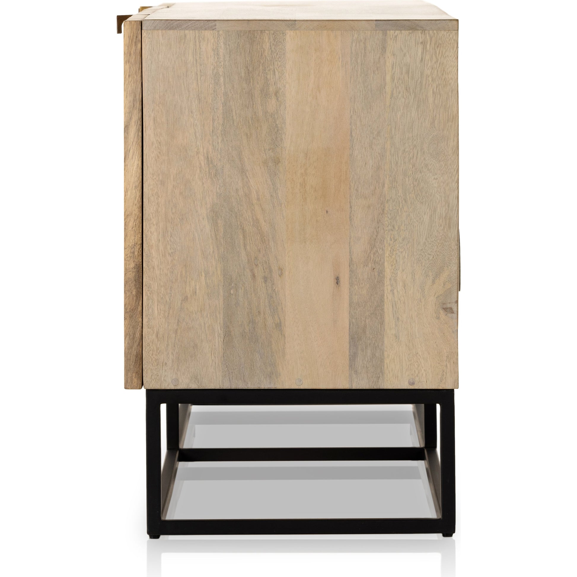 Kelby Closed Media Console by Four Hands in aged brass, carved vintage brown, vintage brown, gunmetal. Made from solid mango, iron in a modern style.