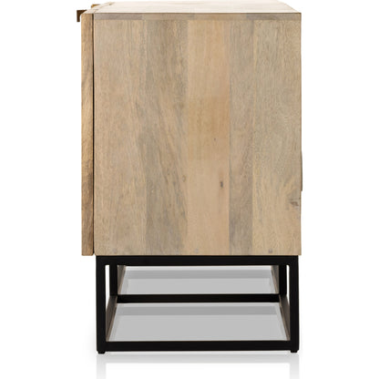 Kelby Closed Media Console by Four Hands in aged brass, carved vintage brown, vintage brown, gunmetal. Made from solid mango, iron in a modern style.