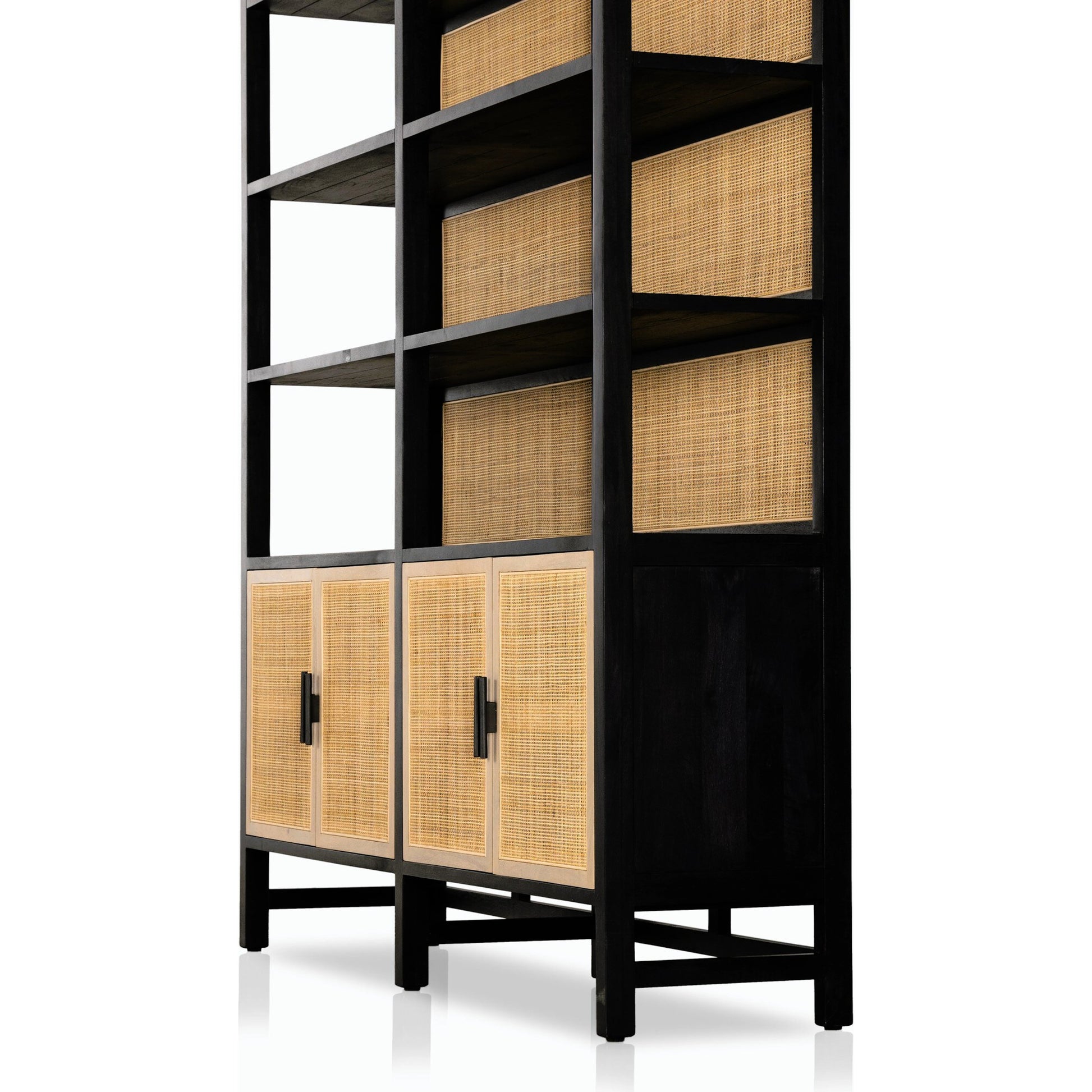 Caprice Wide Bookshelf by Four Hands in natural mango, gunmetal, natural cane and natural mango. Made from solid mango, iron in a modern style.