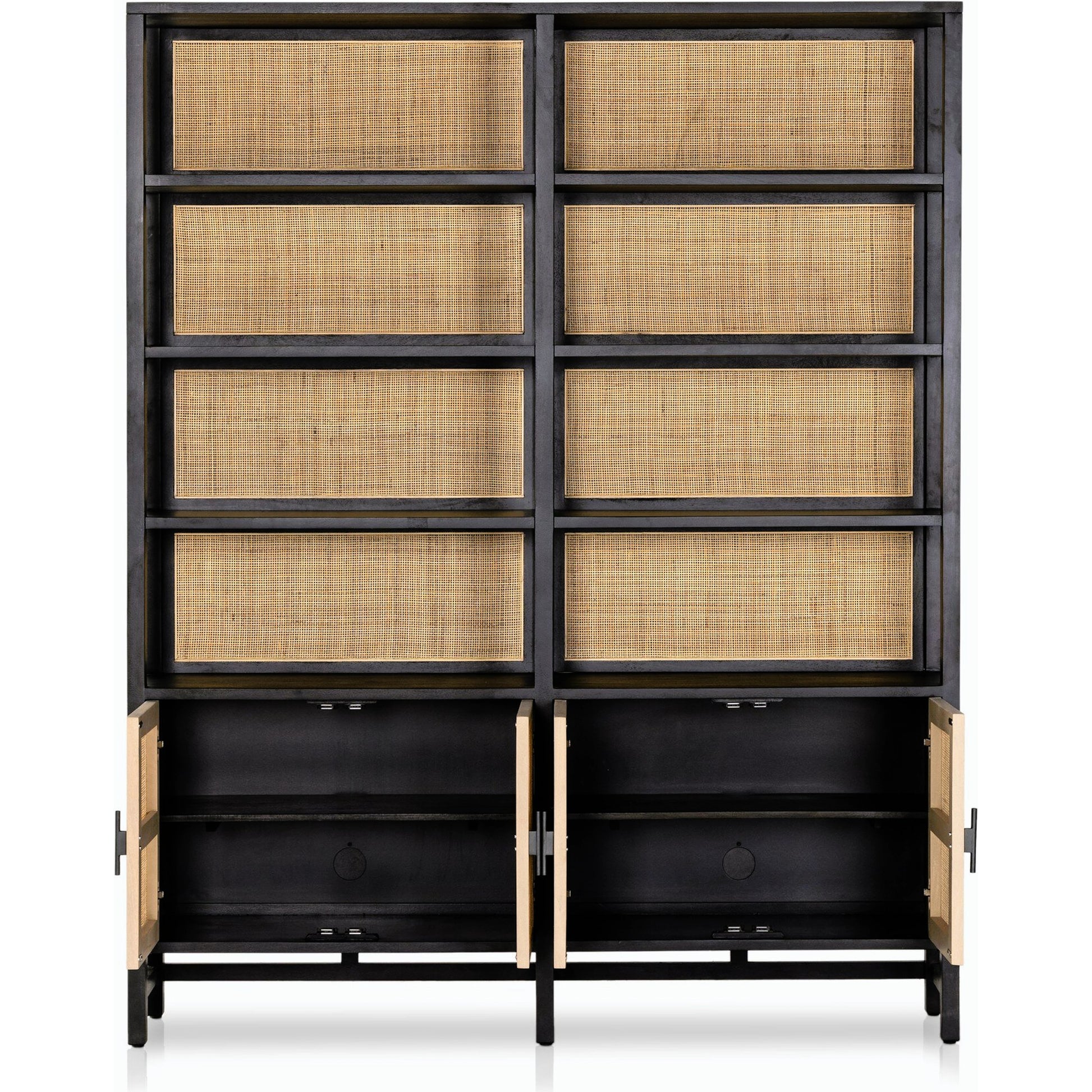 Caprice Wide Bookshelf by Four Hands in natural mango, gunmetal, natural cane and natural mango. Made from solid mango, iron in a modern style.