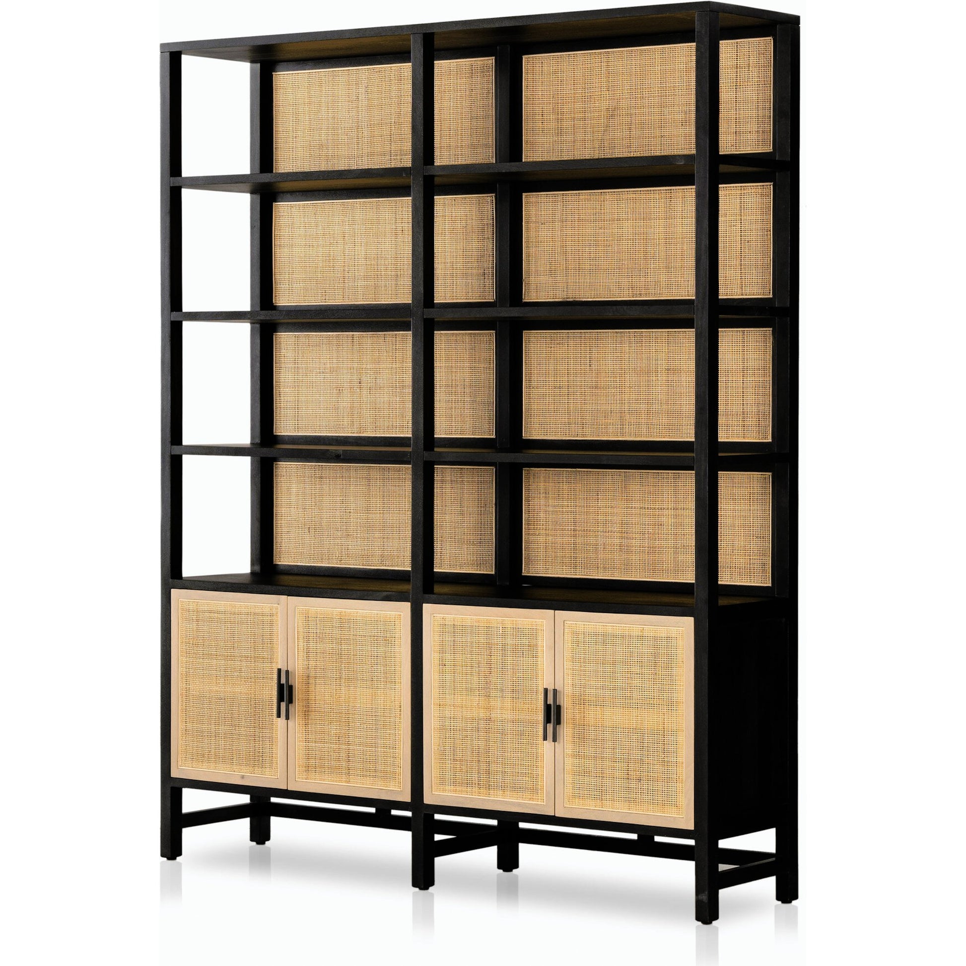 Caprice Wide Bookshelf by Four Hands in natural mango, gunmetal, natural cane and natural mango. Made from solid mango, iron in a modern style.