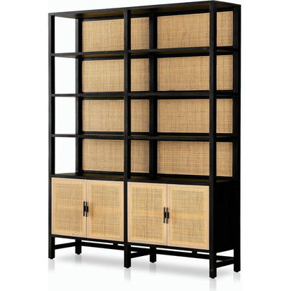 Caprice Wide Bookshelf by Four Hands in natural mango, gunmetal, natural cane and natural mango. Made from solid mango, iron in a modern style.