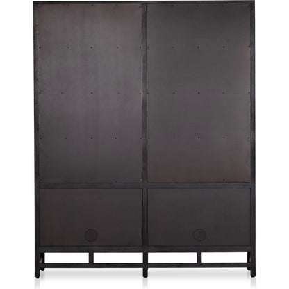 Caprice Wide Bookshelf by Four Hands in natural mango, gunmetal, natural cane and natural mango. Made from solid mango, iron in a modern style.