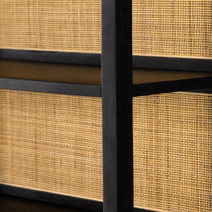 Caprice Wide Bookshelf by Four Hands in natural mango, gunmetal, natural cane and natural mango. Made from solid mango, iron in a modern style.