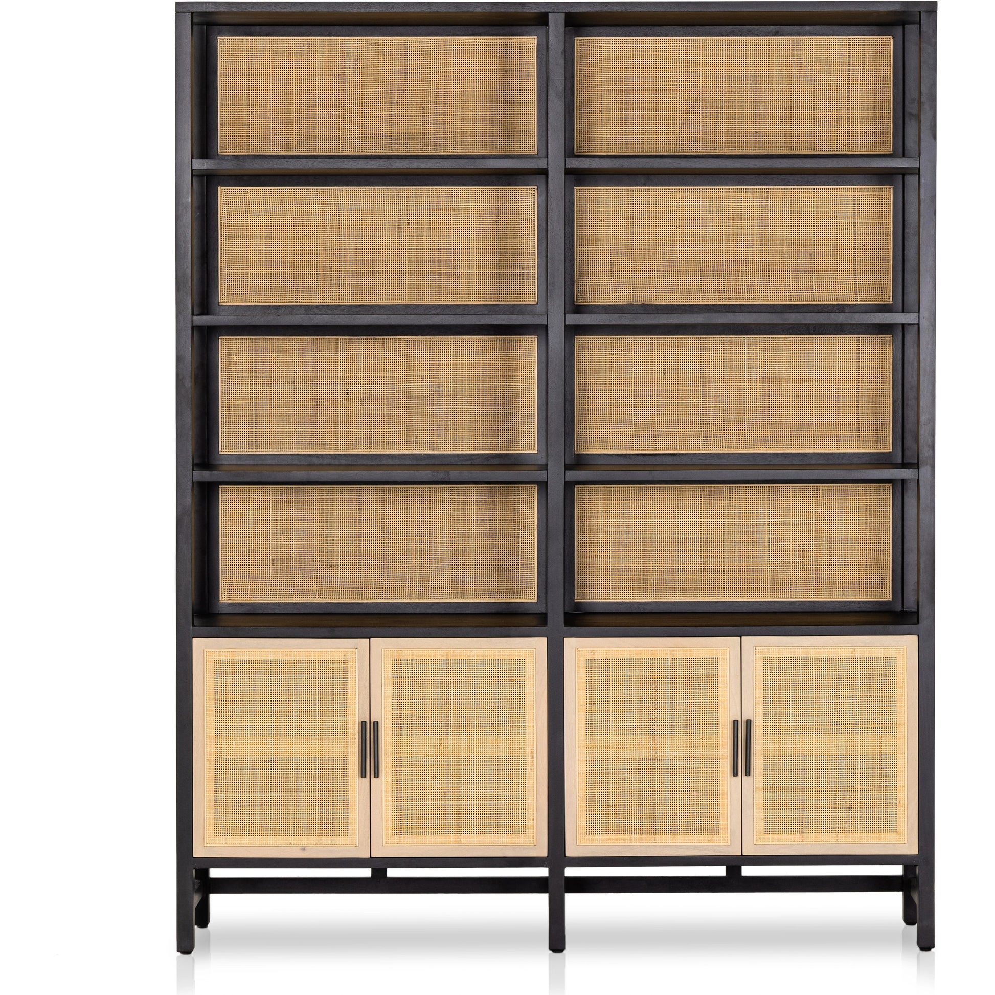 Caprice Wide Bookshelf by Four Hands in natural mango, gunmetal, natural cane and natural mango. Made from solid mango, iron in a modern style.
