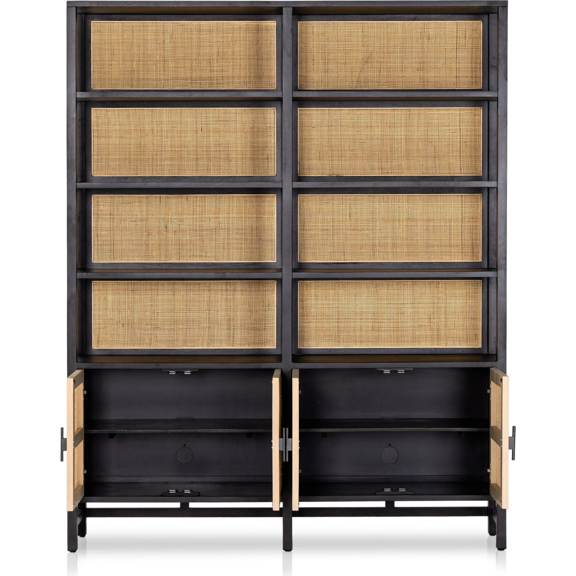Caprice Wide Bookshelf by Four Hands in natural mango, gunmetal, natural cane and natural mango. Made from solid mango, iron in a modern style.