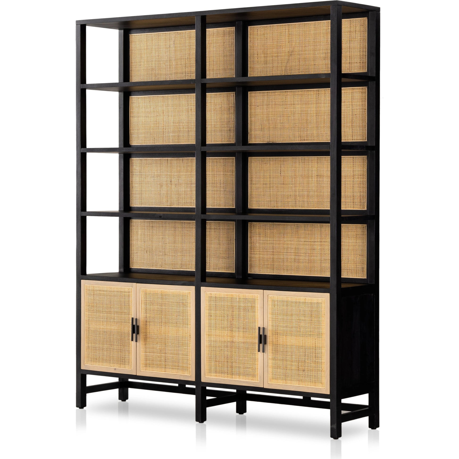 Caprice Wide Bookshelf by Four Hands in natural mango, gunmetal, natural cane and natural mango. Made from solid mango, iron in a modern style.