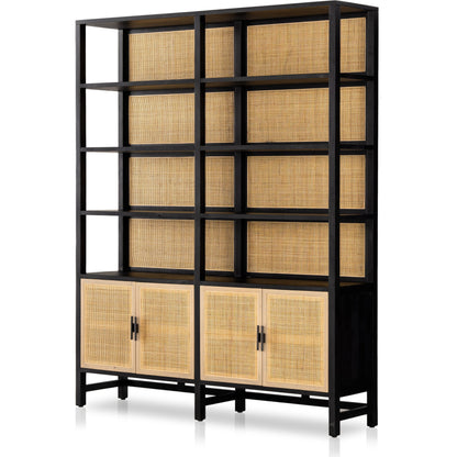Caprice Wide Bookshelf by Four Hands in natural mango, gunmetal, natural cane and natural mango. Made from solid mango, iron in a modern style.