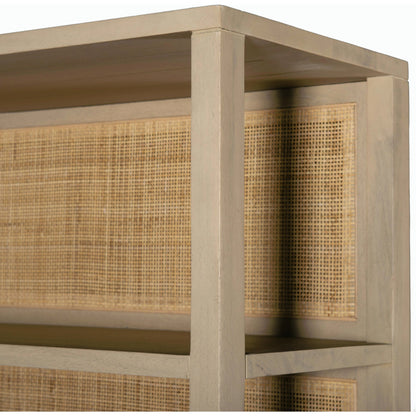 Caprice Wide Bookshelf by Four Hands in natural mango, gunmetal, natural cane and natural mango. Made from solid mango, iron in a modern style.