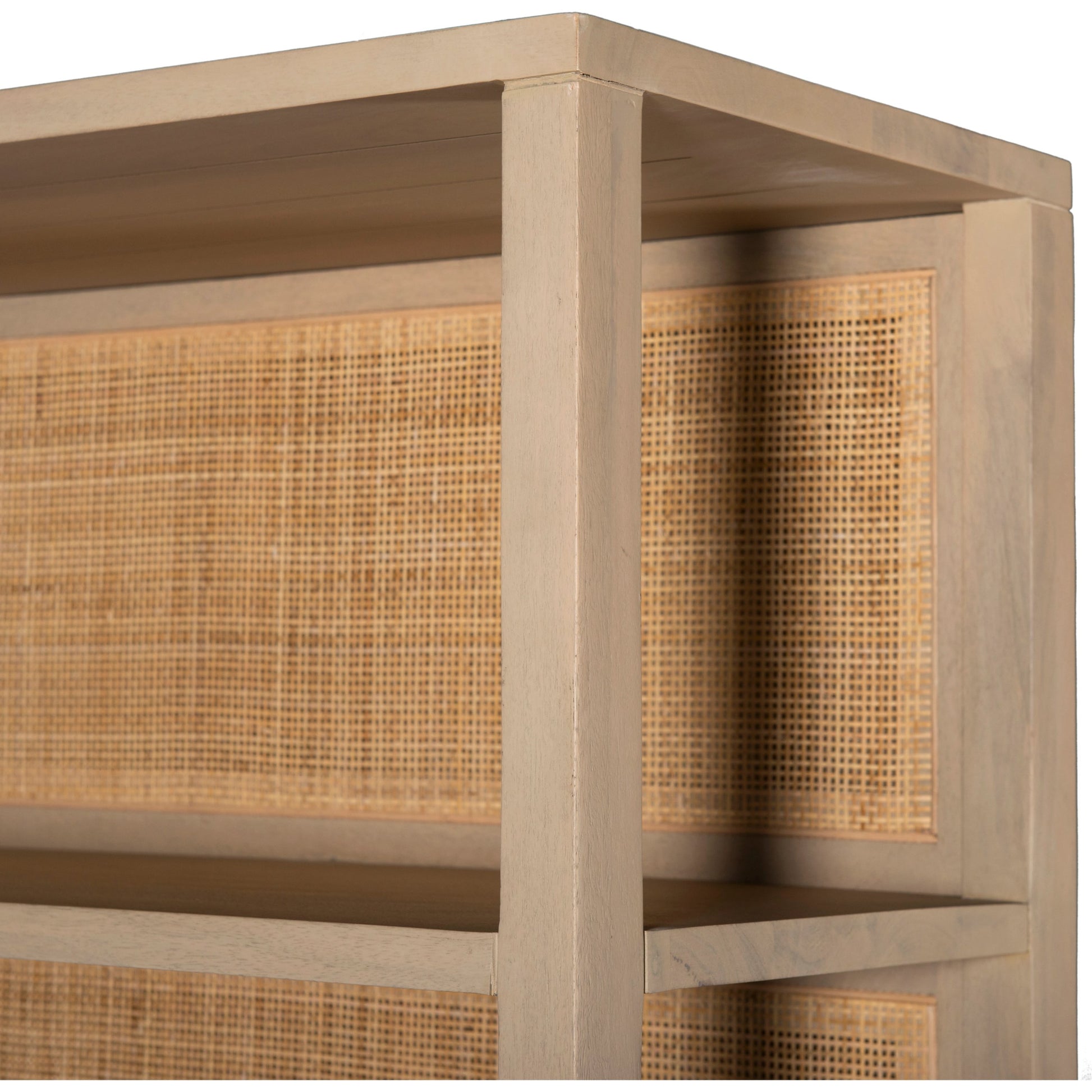 Caprice Wide Bookshelf by Four Hands in natural mango, gunmetal, natural cane and natural mango. Made from solid mango, iron in a modern style.