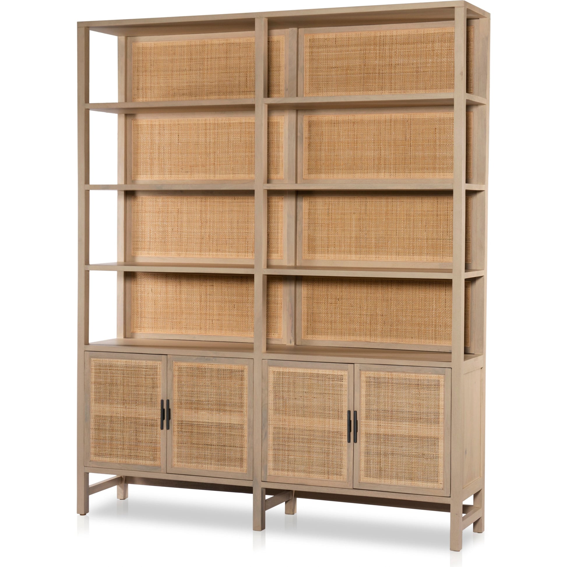 Caprice Wide Bookshelf by Four Hands in natural mango, gunmetal, natural cane and natural mango. Made from solid mango, iron in a modern style.