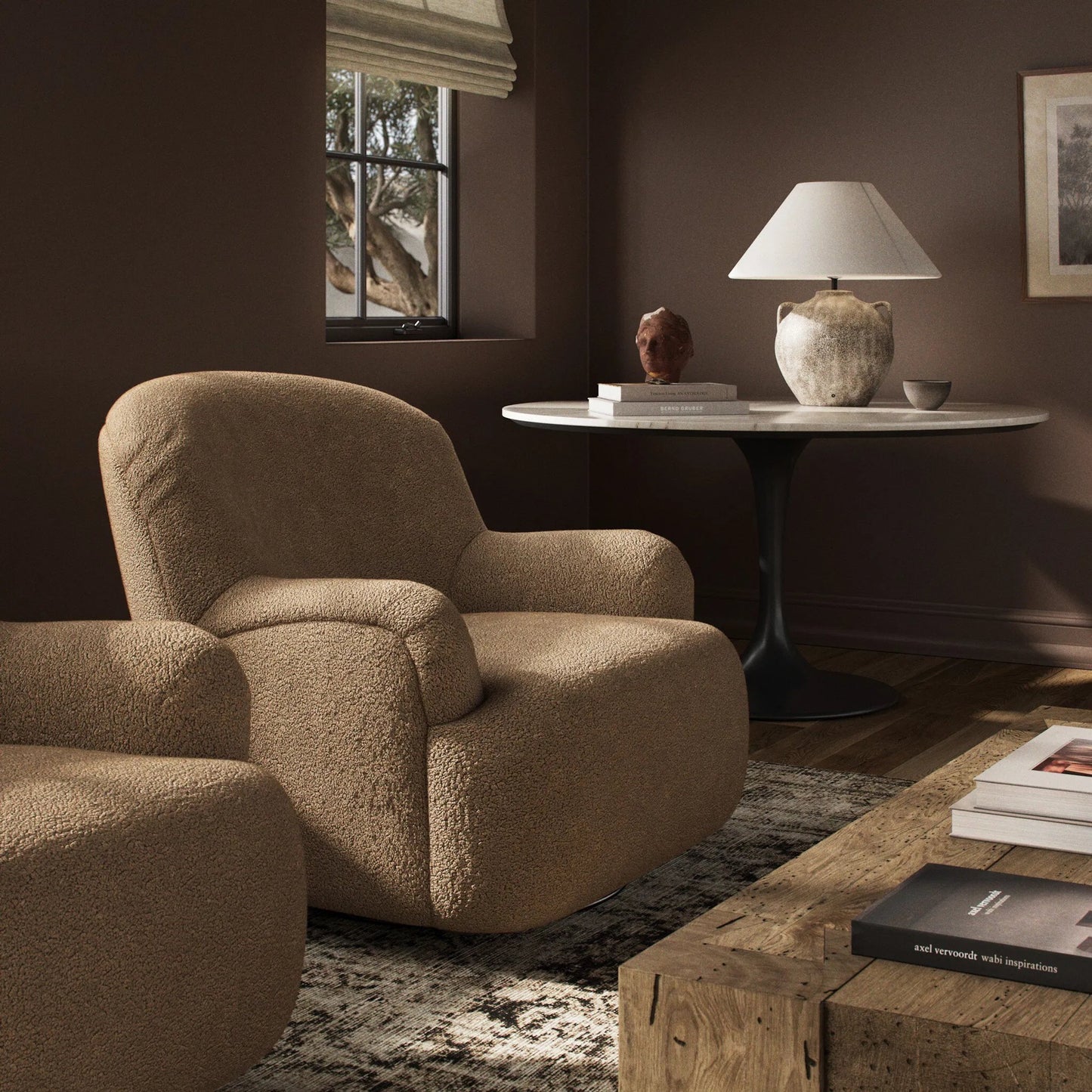 026 SI-1902884 | Lifestyle | Kadon Chair by Four Hands in sheepskin camel, almond. Made from 100% polyester, solid parawood, 100% polypropylene in a transitional style.