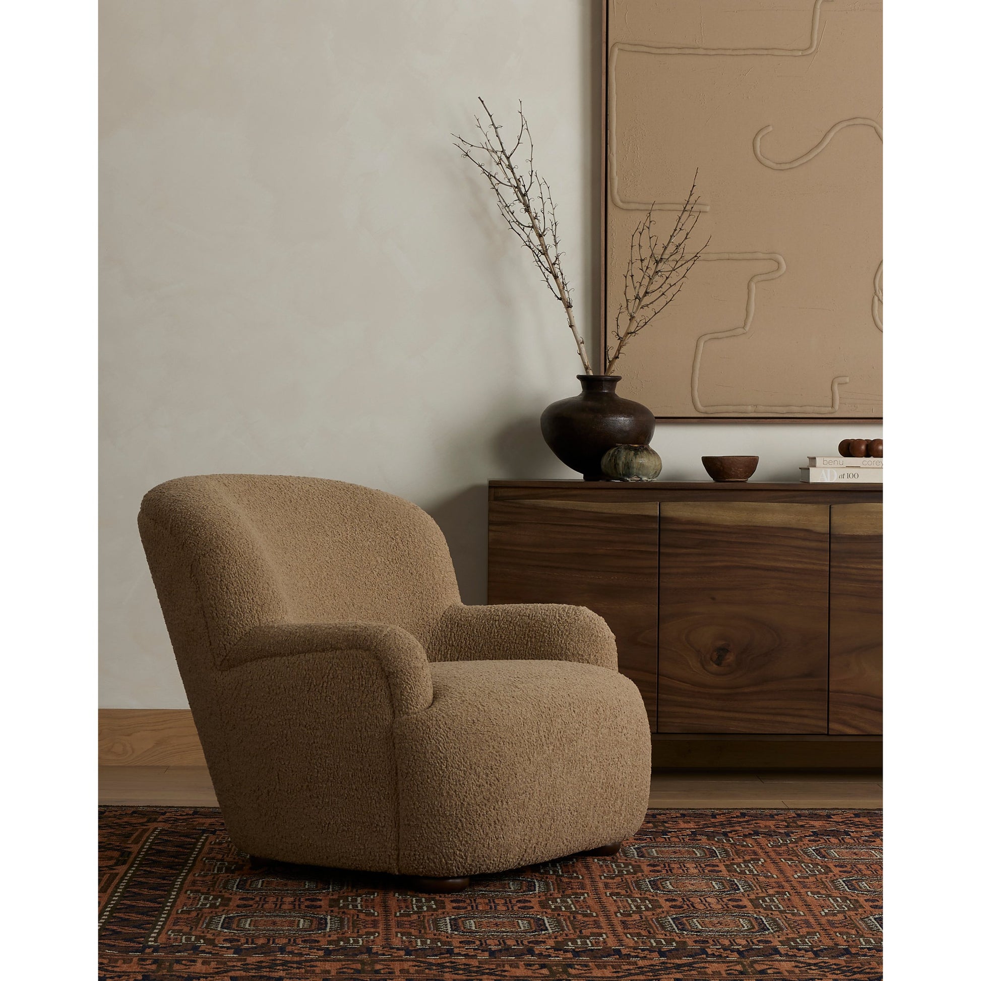 Kadon Chair by Four Hands in sheepskin camel, almond. Made from 100% polyester, solid parawood, 100% polypropylene in a transitional style.