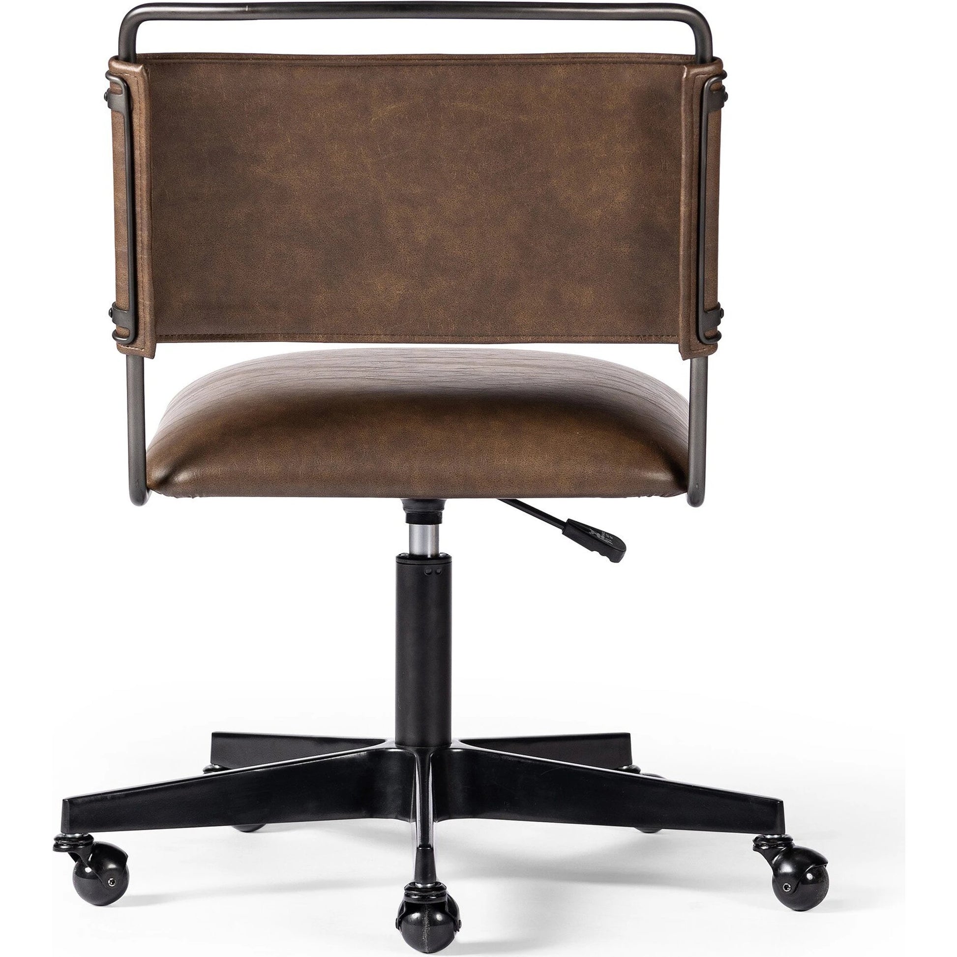 Wharton Desk Chair by Four Hands in distressed brown. Made from faux leather, iron in a modern style.