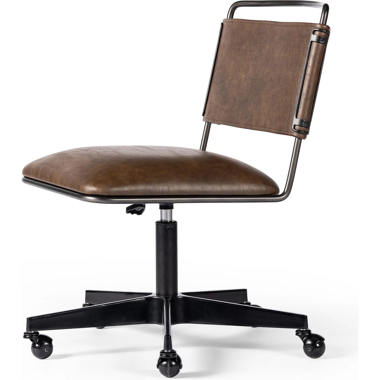 005 SI-2137713 | Closeup | Wharton Desk Chair by Four Hands in distressed brown. Made from faux leather, iron in a modern style.