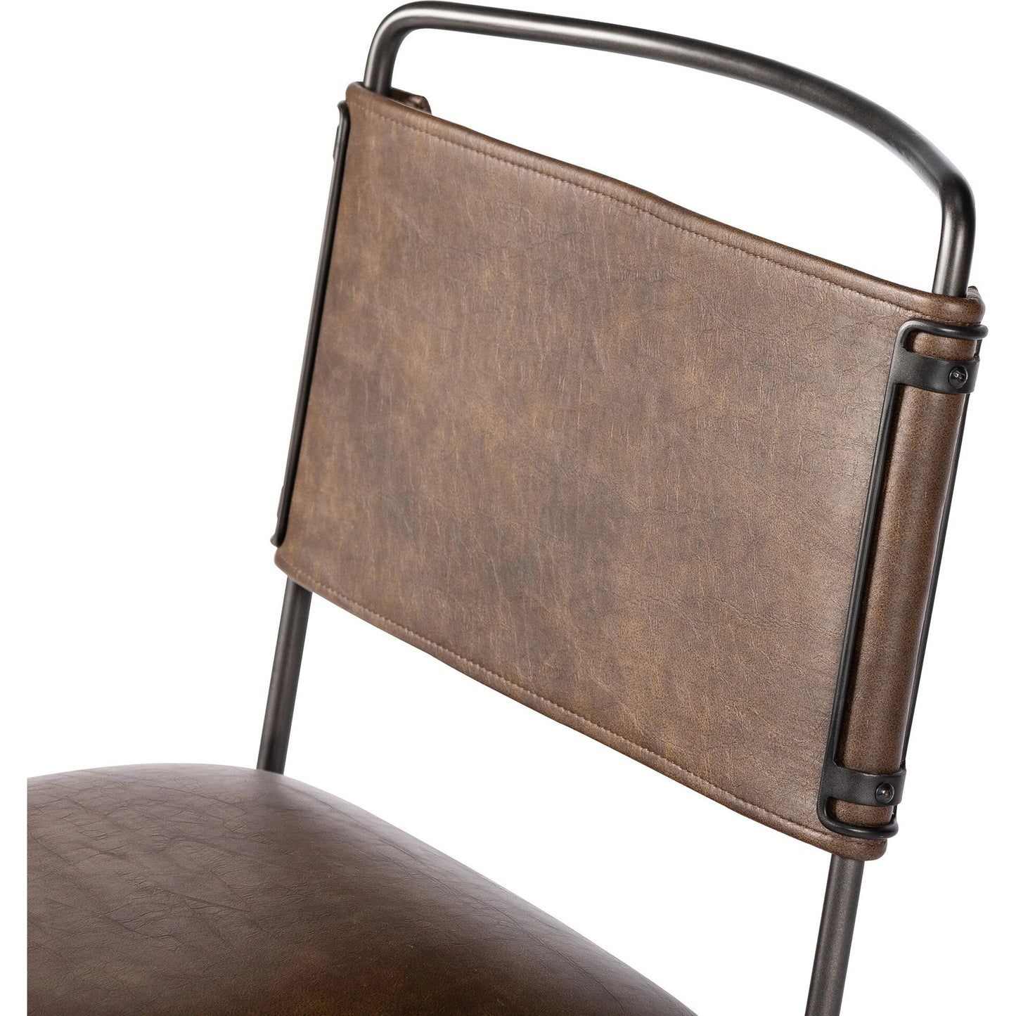 006 SI-2137713 | Closeup | Wharton Desk Chair by Four Hands in distressed brown. Made from faux leather, iron in a modern style.