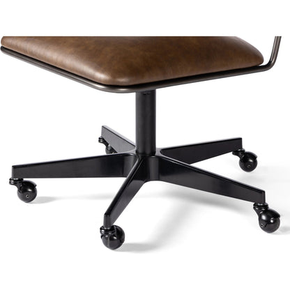 Wharton Desk Chair by Four Hands in distressed brown. Made from faux leather, iron in a modern style.