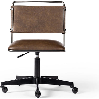 Wharton Desk Chair by Four Hands in distressed brown. Made from faux leather, iron in a modern style.