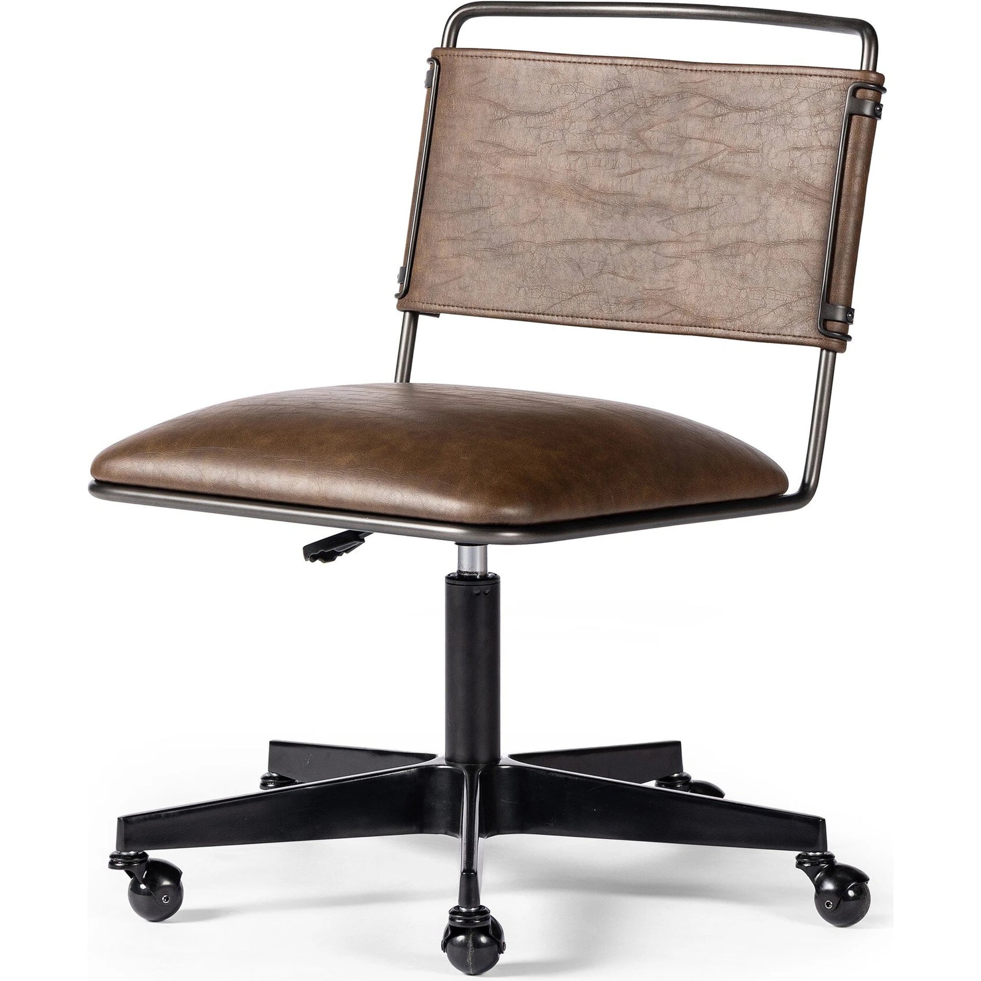Wharton Desk Chair by Four Hands in distressed brown. Made from faux leather, iron in a modern style.
