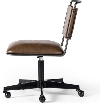 Wharton Desk Chair by Four Hands in distressed brown. Made from faux leather, iron in a modern style.