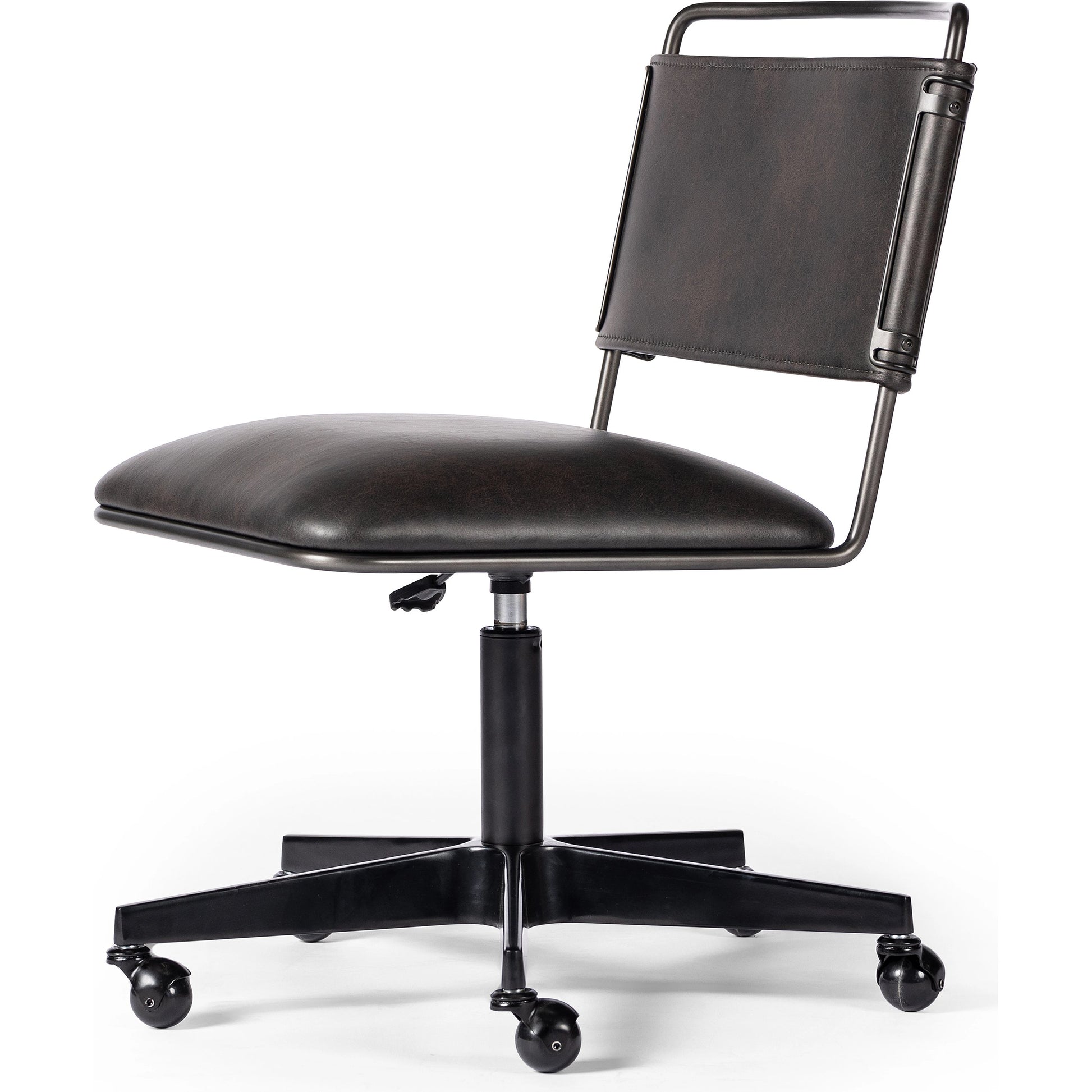 Wharton Desk Chair by Four Hands in distressed brown. Made from faux leather, iron in a modern style.