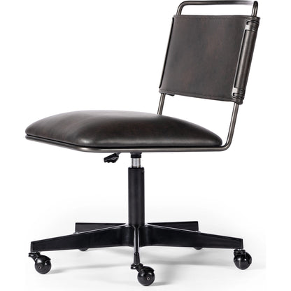 Wharton Desk Chair by Four Hands in distressed brown. Made from faux leather, iron in a modern style.