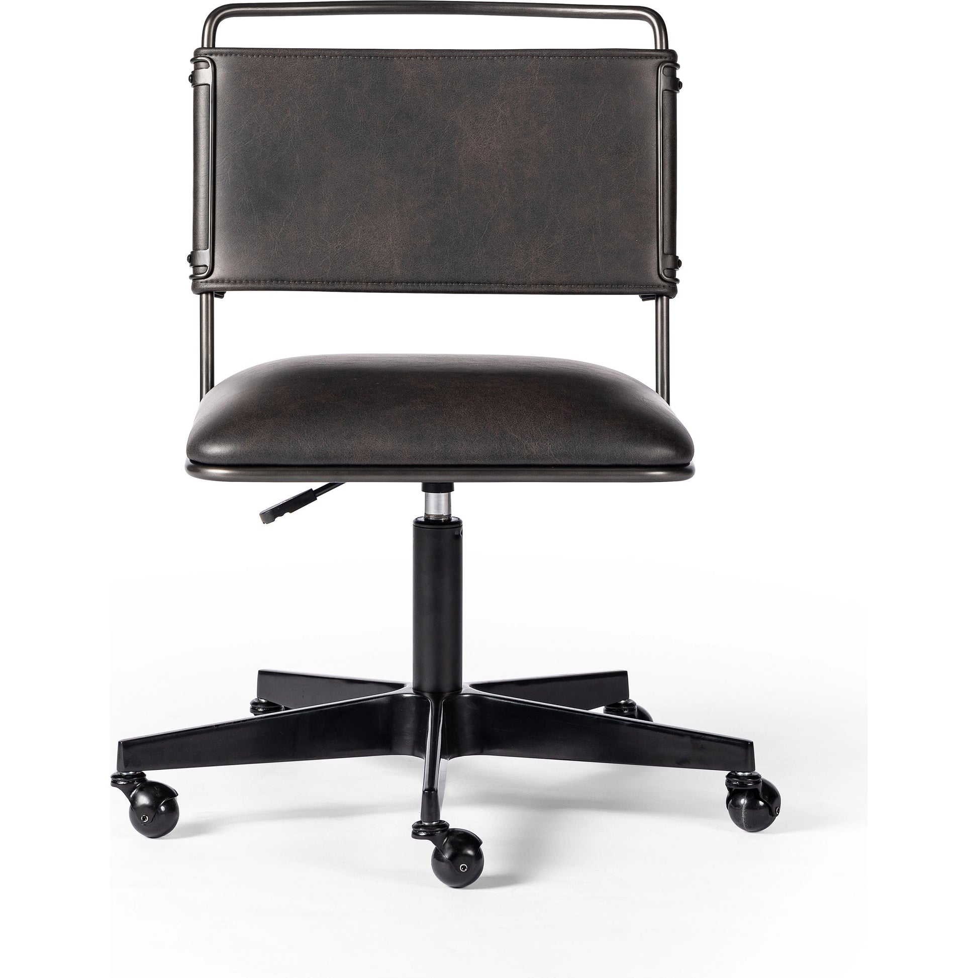 Wharton Desk Chair by Four Hands in distressed brown. Made from faux leather, iron in a modern style.