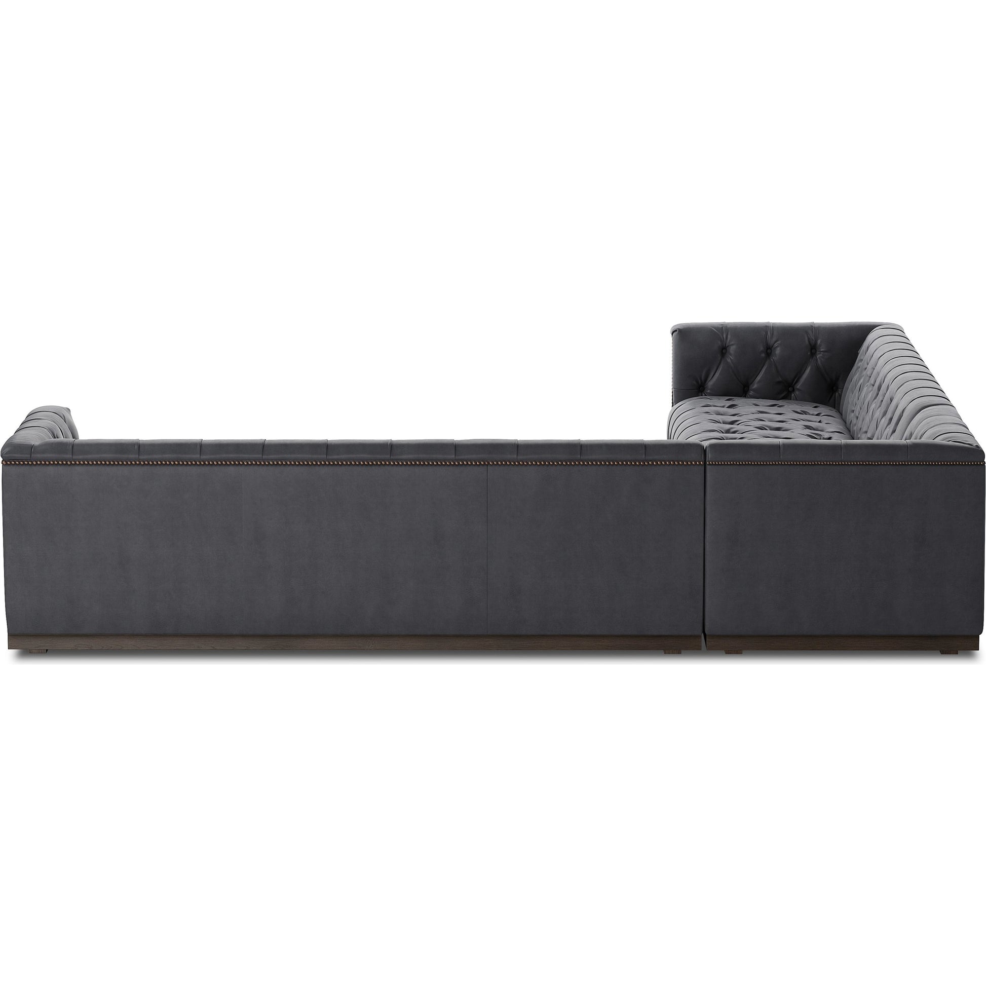 Maxx 3-Piece Sectional by Four Hands in destroyed black, aged bronze nailhead, whitewash. Made from top grain leather, solid parawood, iron in a modern style.
